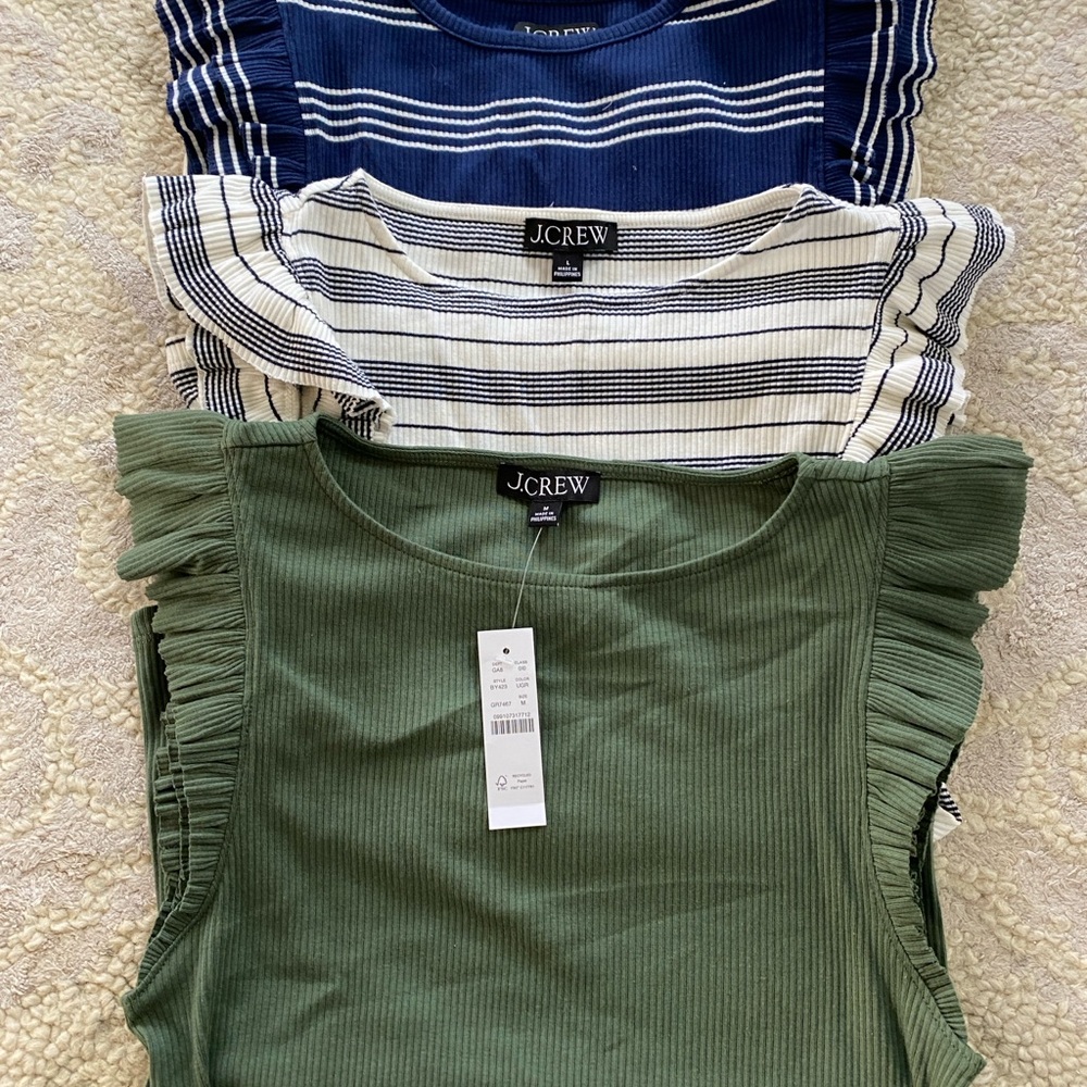 J. Crew Women's Ruffle Sleeve Tops- Green, Blue, Cream, Red, Black, Pink